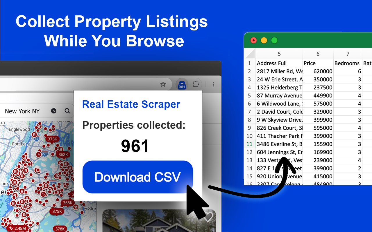 Real Estate Scraper collecting 961 Zillow listings in New York and exporting them to a CSV spreadsheet